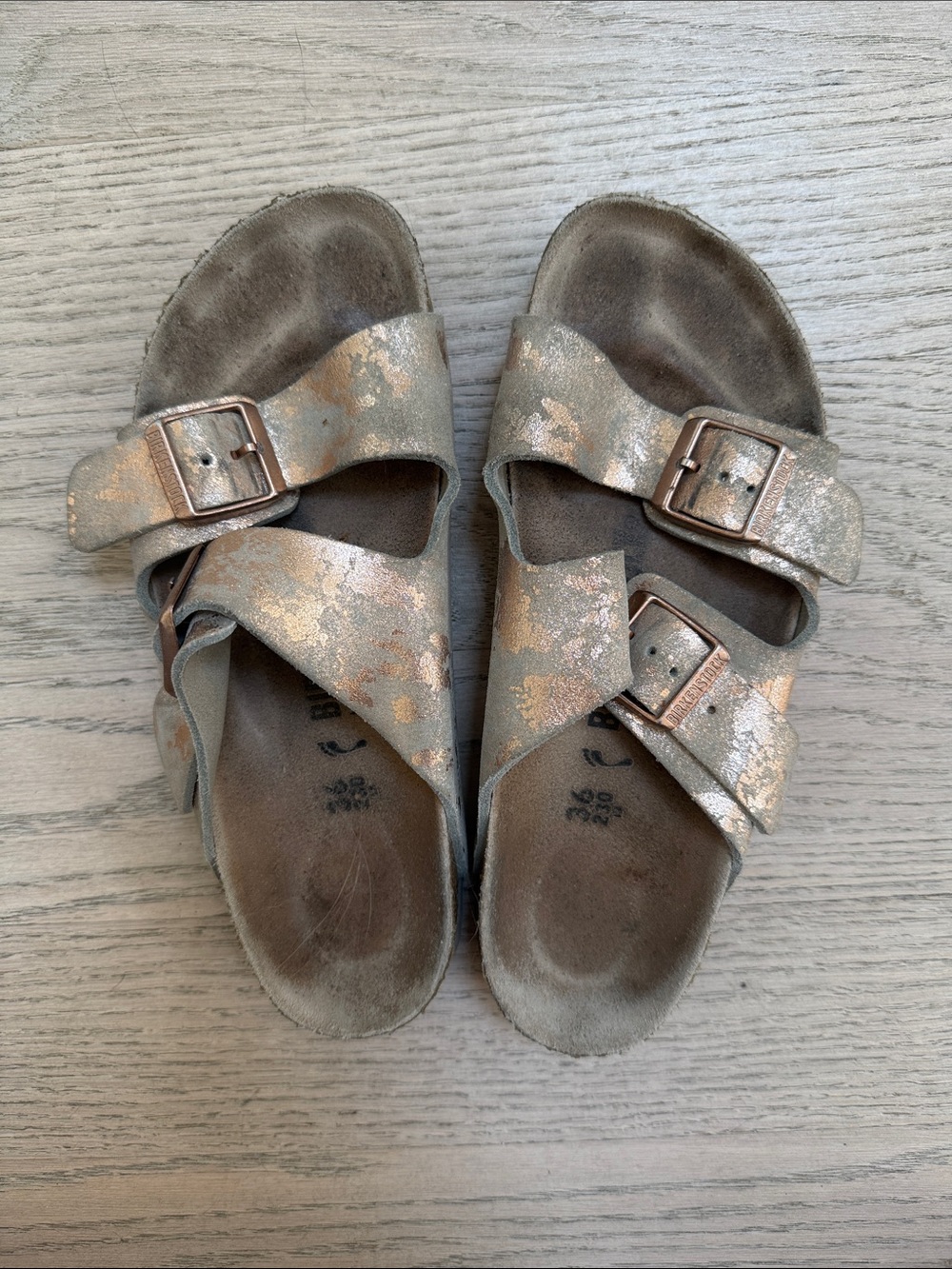 Birkenstock Metallic Rose Gold Two-Strap Sandals